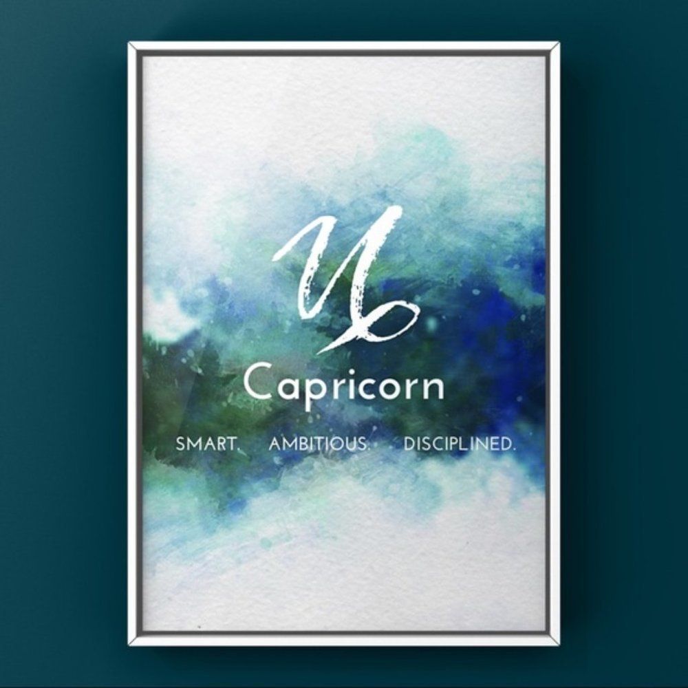 Capricorn zodiac sign white blue watercolor art